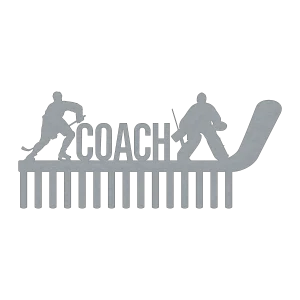 A laser-cut steel wall decor piece featuring silhouettes of a hockey player and a goalie on either side of the word 'COACH'. The design is integrated into a hockey stick shape at the bottom, with vertical slats resembling the stick's blade.